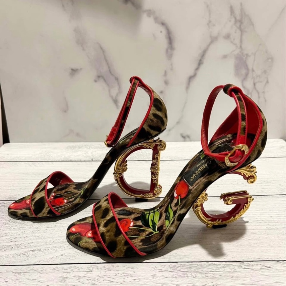Dolce and Gabbana Baroque Cherry Leopard Heels 38.5